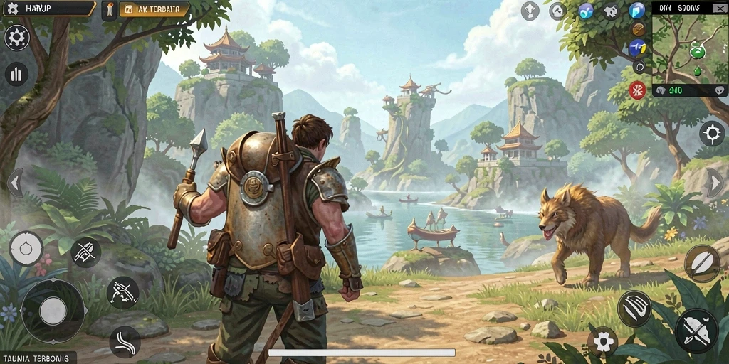 Screenshot gameplay HARAPJP menampilkan eksplorasi dunia terbuka yang memukau.