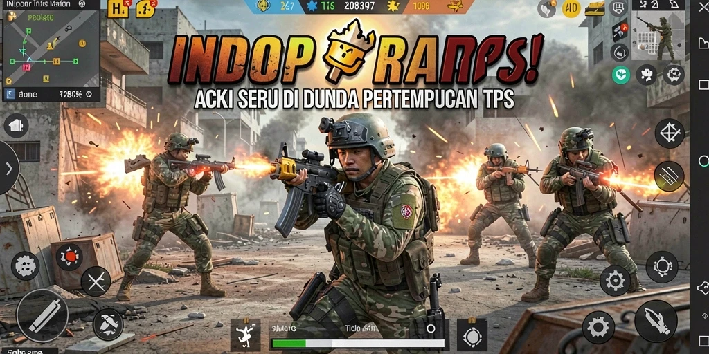 Tangkapan layar utama INDORP menampilkan aksi pertempuran seru di lingkungan realistis.