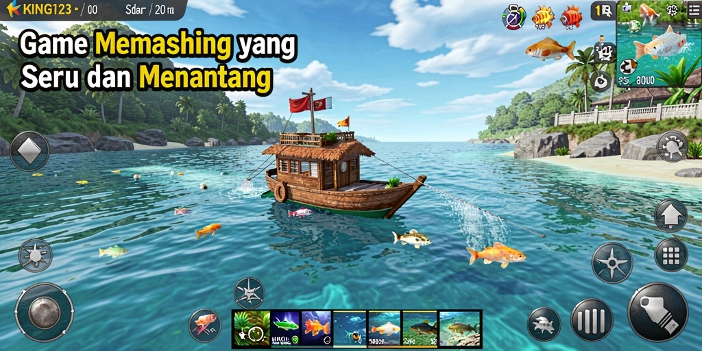 Screenshot dari KING123 menampilkan gameplay seru saat memancing ikan di danau.