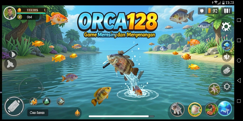 Screenshot utama ORCA128 menampilkan aksi memancing yang mendebarkan.
