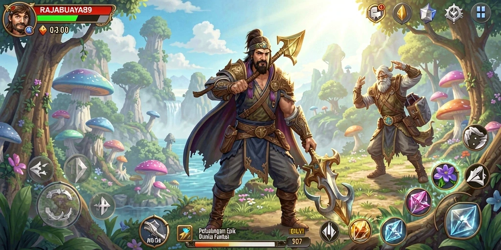 Screenshot gameplay RAJABUAYA89 menunjukkan pertarungan epik di alam fantasi.