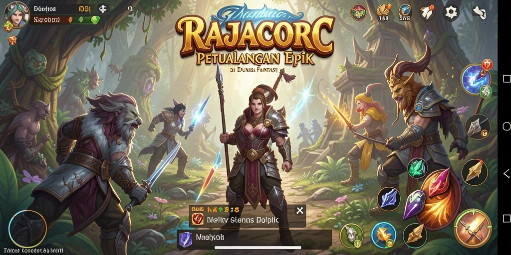 Gameplay seru di dunia fantasi RAJACORC dengan pertarungan yang mendalam.