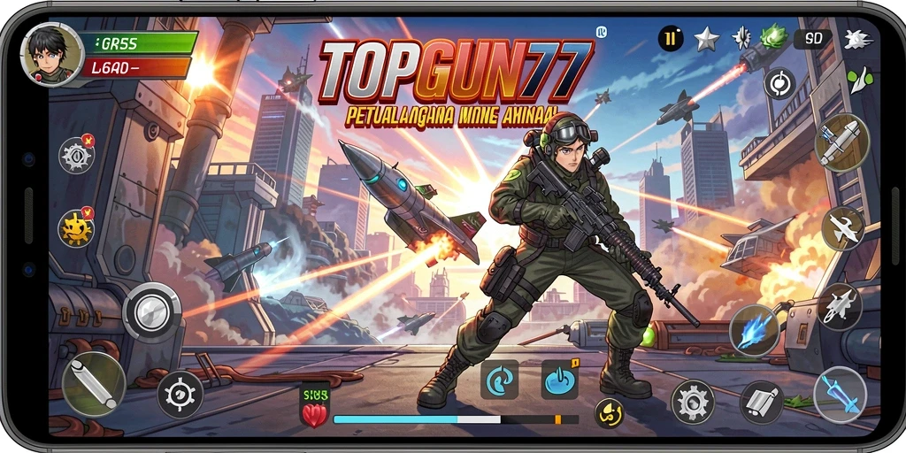 Screenshot menunjukkan aksi pertempuran epik di TOPGUN77.